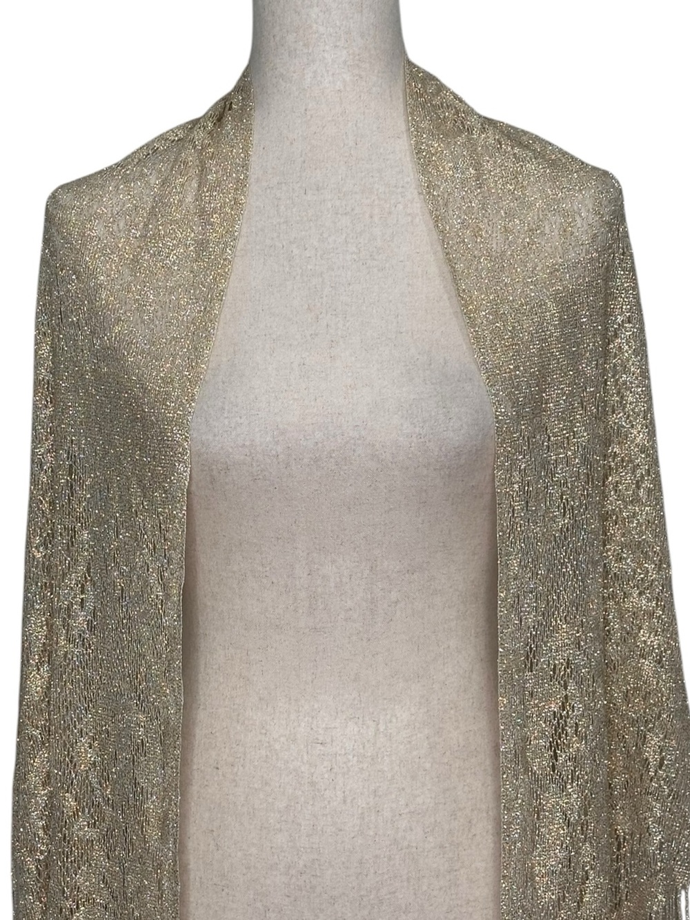 Bohemian Fringe Open-Front Knit Pashmina - Gold/Beige Floral pattern. Festival. - Picture 3 of 11